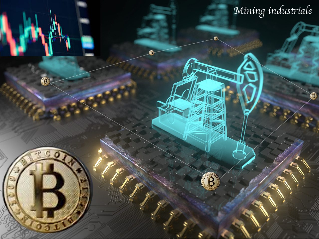 Mining industriale. processori con sopra macchine che estraggono BTC